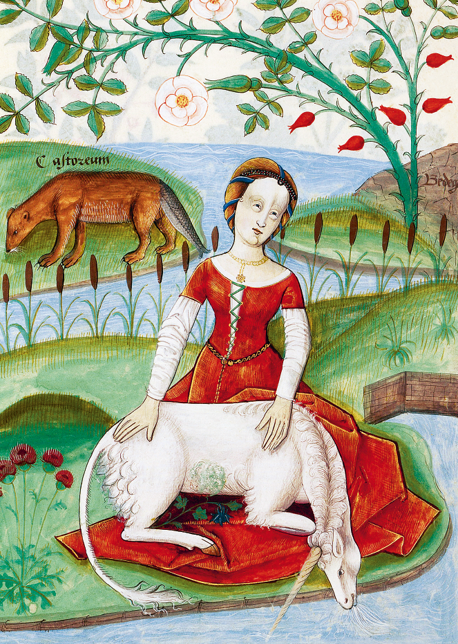Unicornio tumbado sobre el regazo de una dama que viste de rojo. Plaetarius. Sobre las propiedas de las cosas, manuscrito iluminado por robinet testard, hacia 1500.
