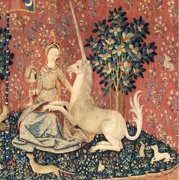 La dama y el unicornio, sobre fondo rojo procedente del museo cluny de parís